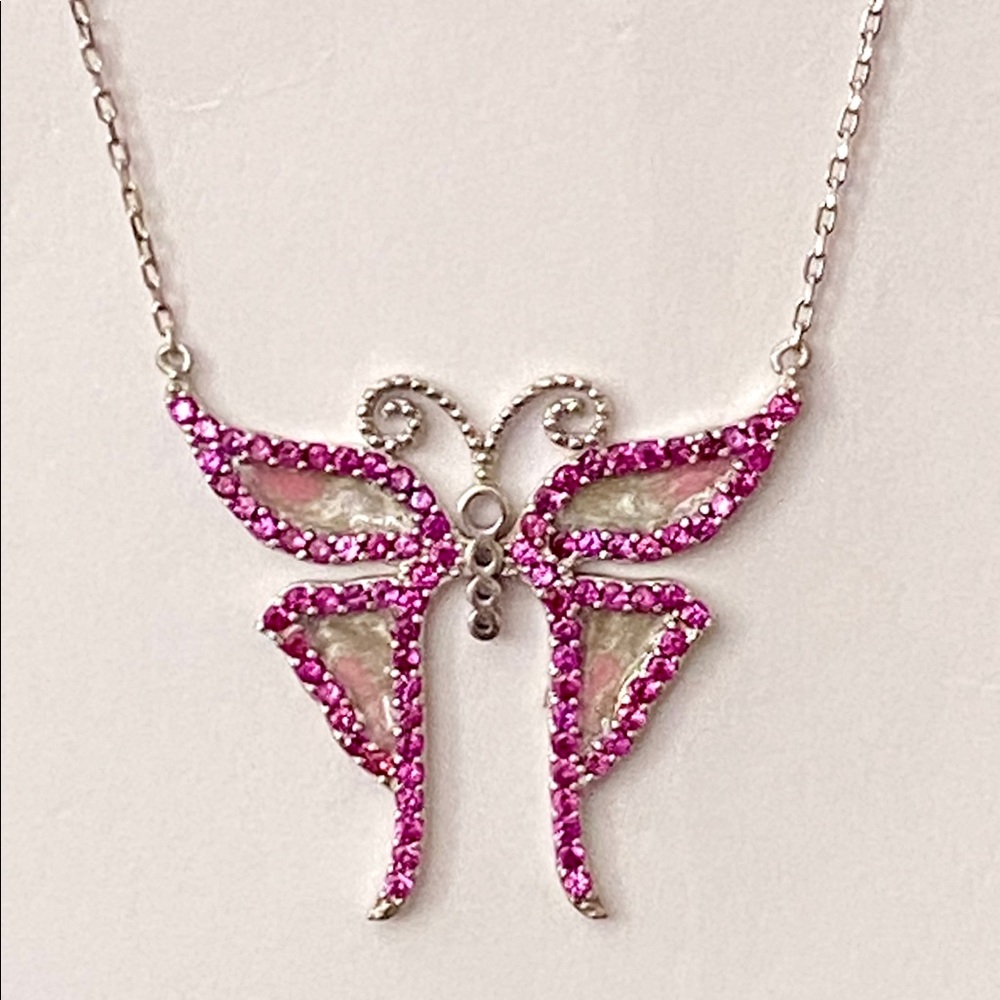 Handmade 925 silver pink enamel cubic zirconia cz stones butterfly necklace